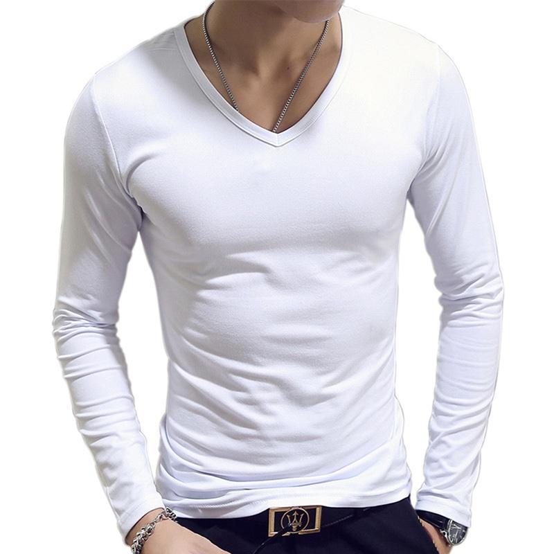 Herrenbekleidung, 7 Farben, lässig, Slim-Fit, einfarbig, langärmelig, O/V-Ausschnitt, Baumwolle, T-Shirts