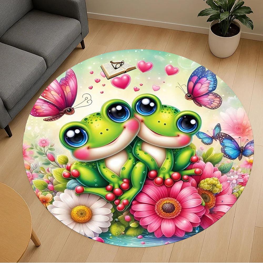 1PC Frogs Butterflies Flowers Round Chair Mat Area Rug - Non-Slip, Floor Mat for Office, Bedroom, Home Decor Christmas Gift C0528017
