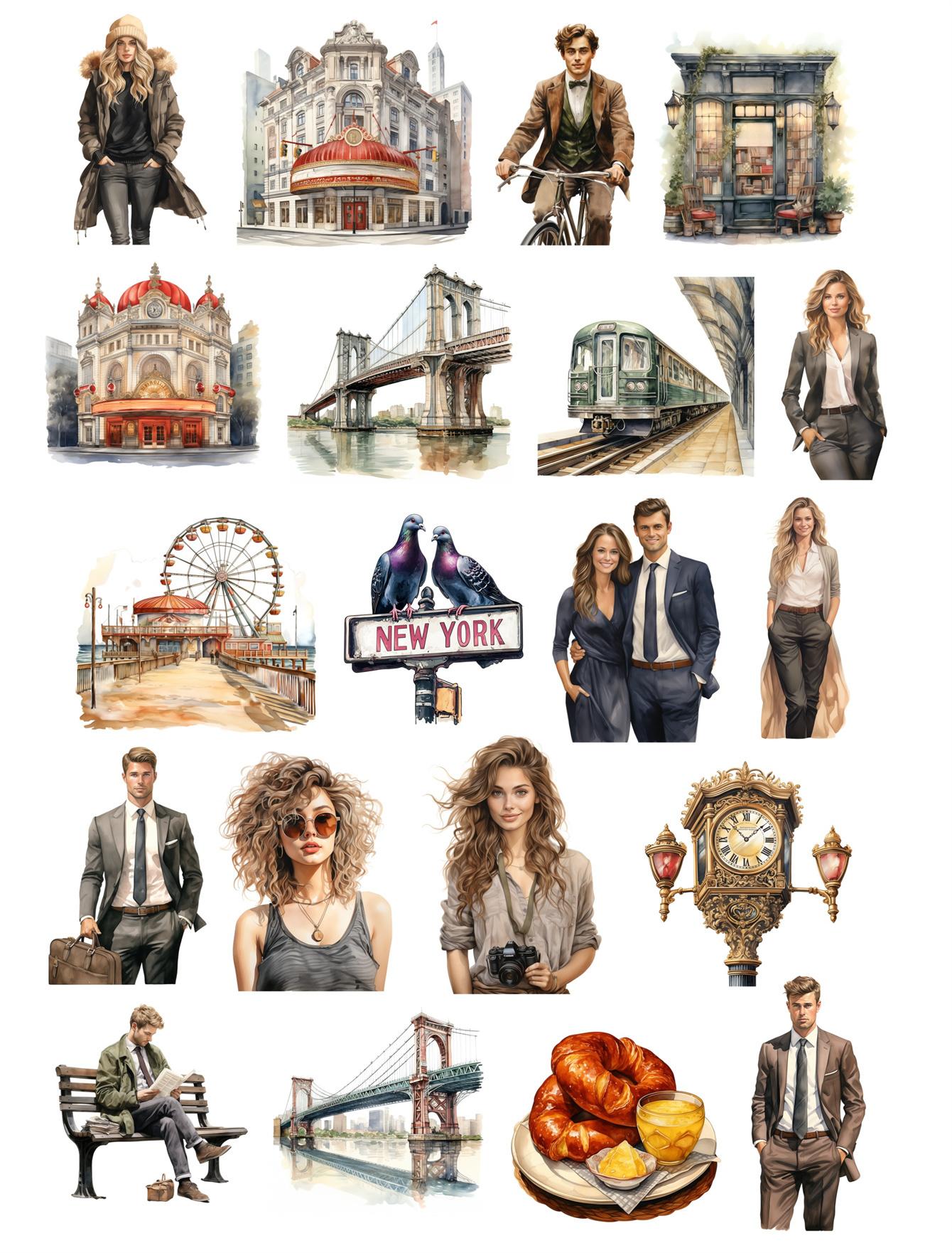 

20pcs Cute Watercolor New York City Scenery Stickers Waterproof Bike Motorcycle Phone Book Travel Luggage Funny Sticker Decals білий