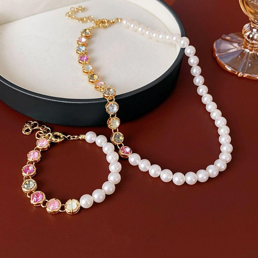 Beaded Pearl Rhinestone Necklace Vintage Women Jewelry Fashion Rainbow Zircon Bracelet  Gifts