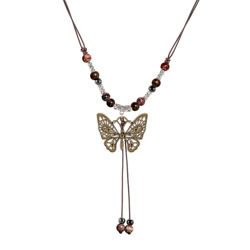 

Vintage brown Rope Handmade Natural Stone Beads Butterfly Pendant Necklace For Lovers Women Sweater Chain Aesthetic Jewelry