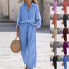 Women's Lapel Long Sleeve Shirt Wide Leg Pants 2 Piece Set Solid Color Linen Blend Casual Outfit Suit