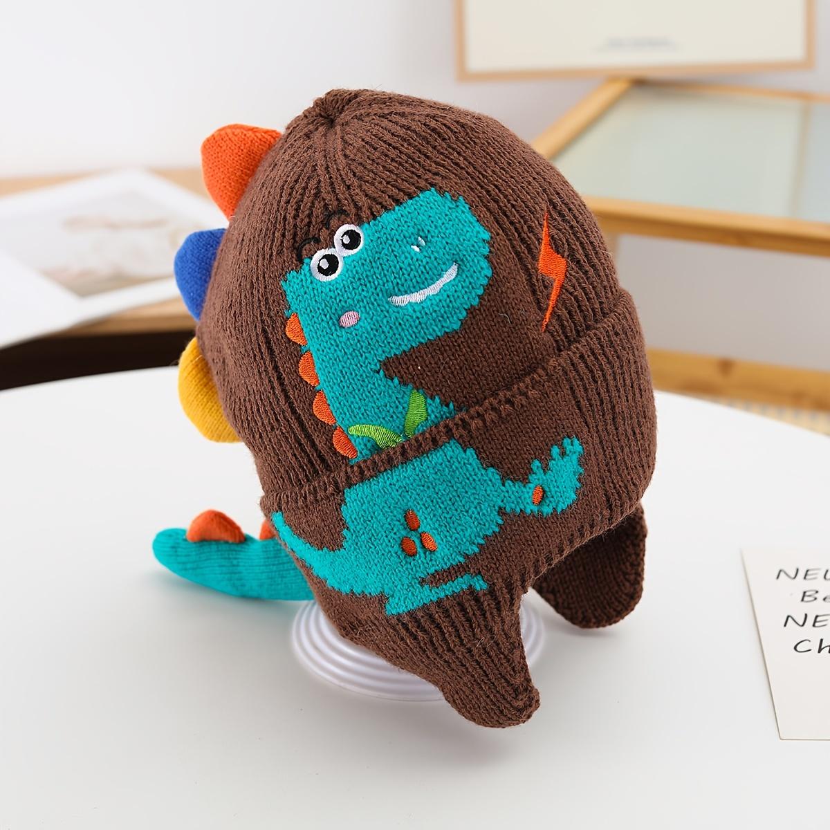 

Детская вязаная шапка с мультяшным динозавриком для защиты ушей для мальчиков и девочек, осенне-зимняя детская шерстяная теплая шапка для девочек S кофейный