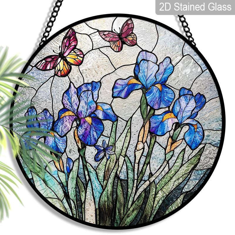 2D Flat Stained Glass Flower Window Decoration Colored Glass Plate, 7.87inches Hanging Ornament with Chain, Charming Spring Summer Sun Catcher Home
