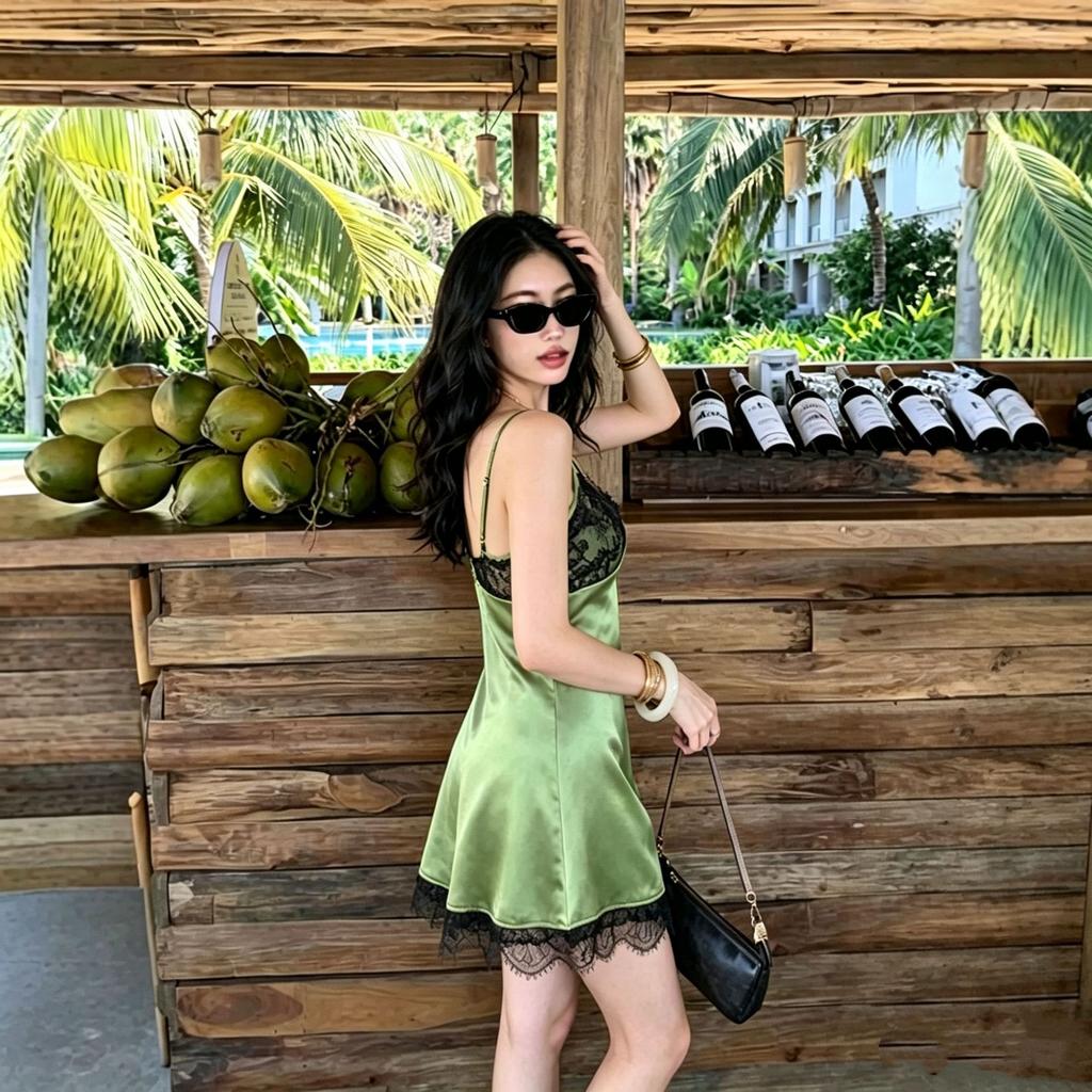Women's Spice Girl Wind Lace Splicing Pure Desire Suspender Satin A-Word Dress Green Sexy Skinny Short Skirt