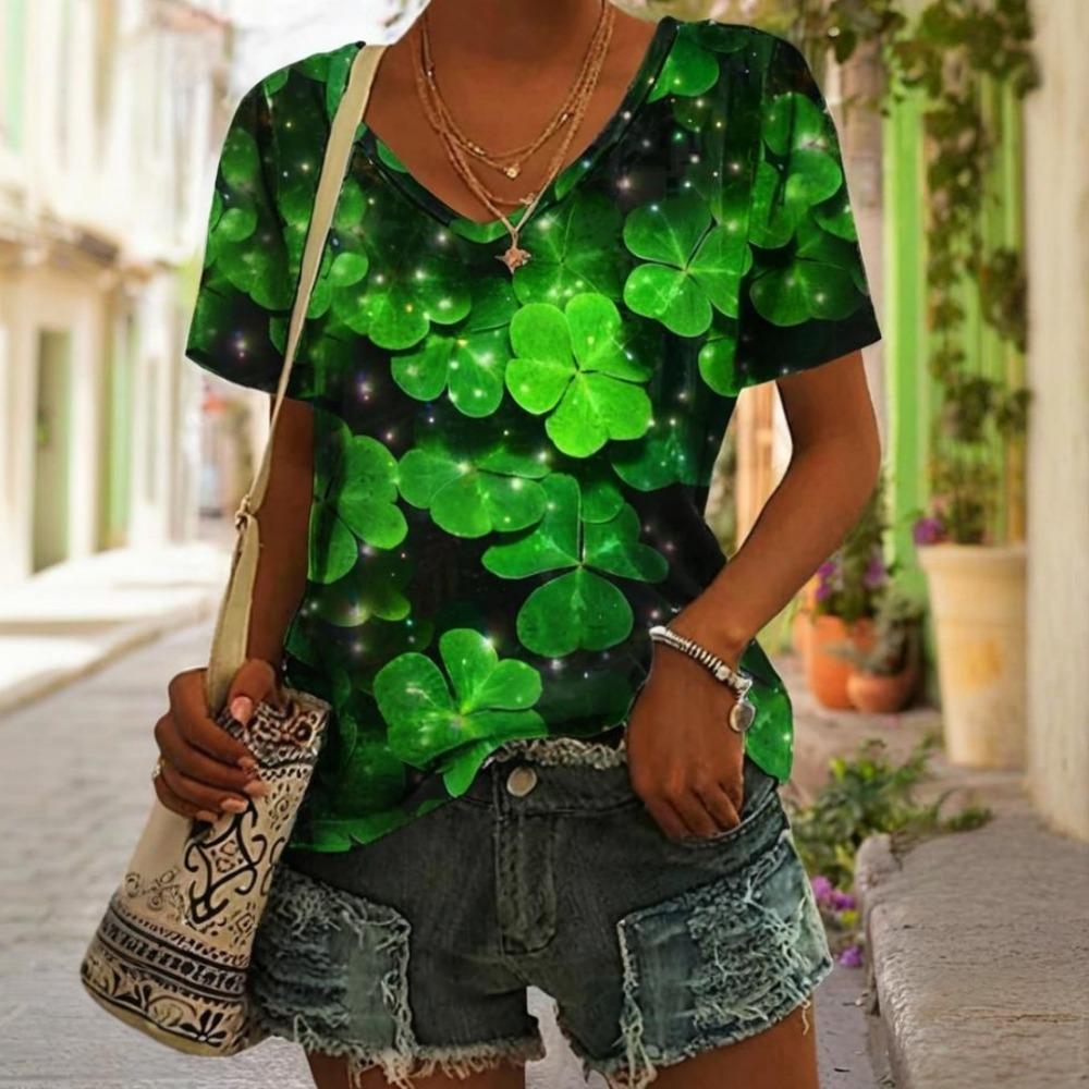 Damen T-Shirt Sommer lässig Outdoor V-Ausschnitt Bluse kurzärmlig Bedrucktes Muster vielseitig Übergröße locker bequem kurz