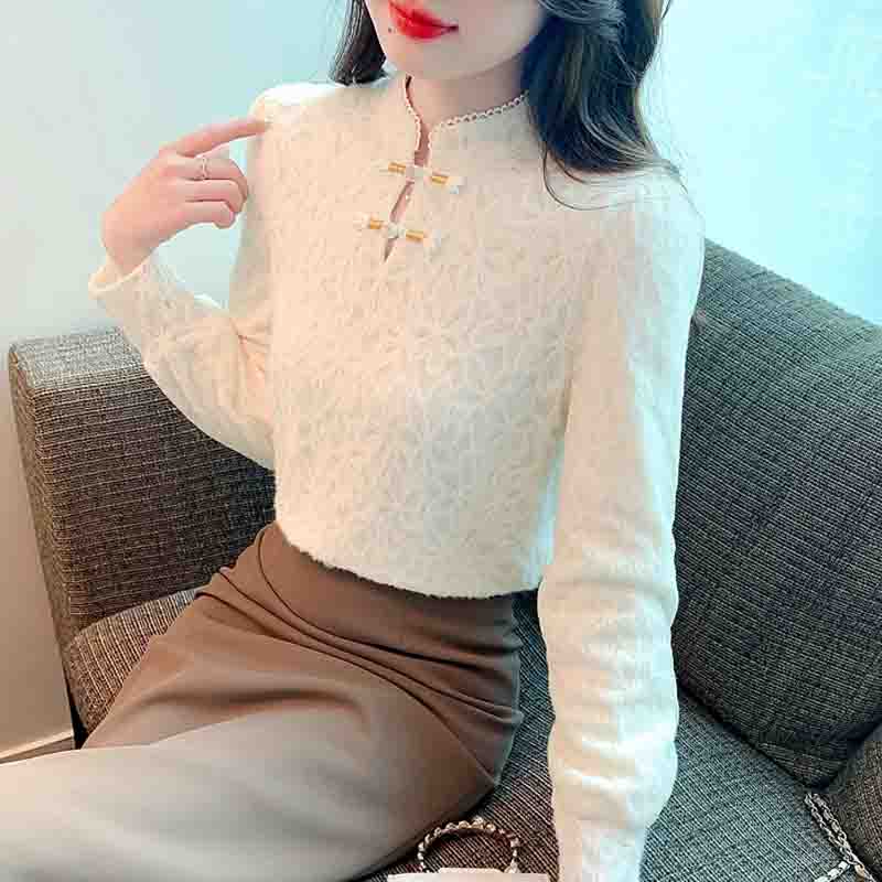 New 2024 Fashion Winter Chinese Style Long Sleeve Stand Collar Apricot Velvet Lace Blouse Shirt Women Tops Blouses Shirts J806