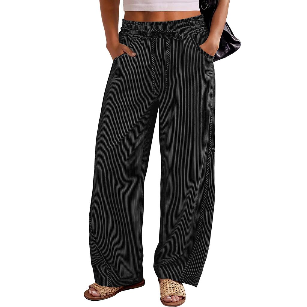 Pantaloni Larghi Casual in Lino da Donna Vita Elastica Versatili Business Casual Lavoro Pantaloni Palazzo con Tasche