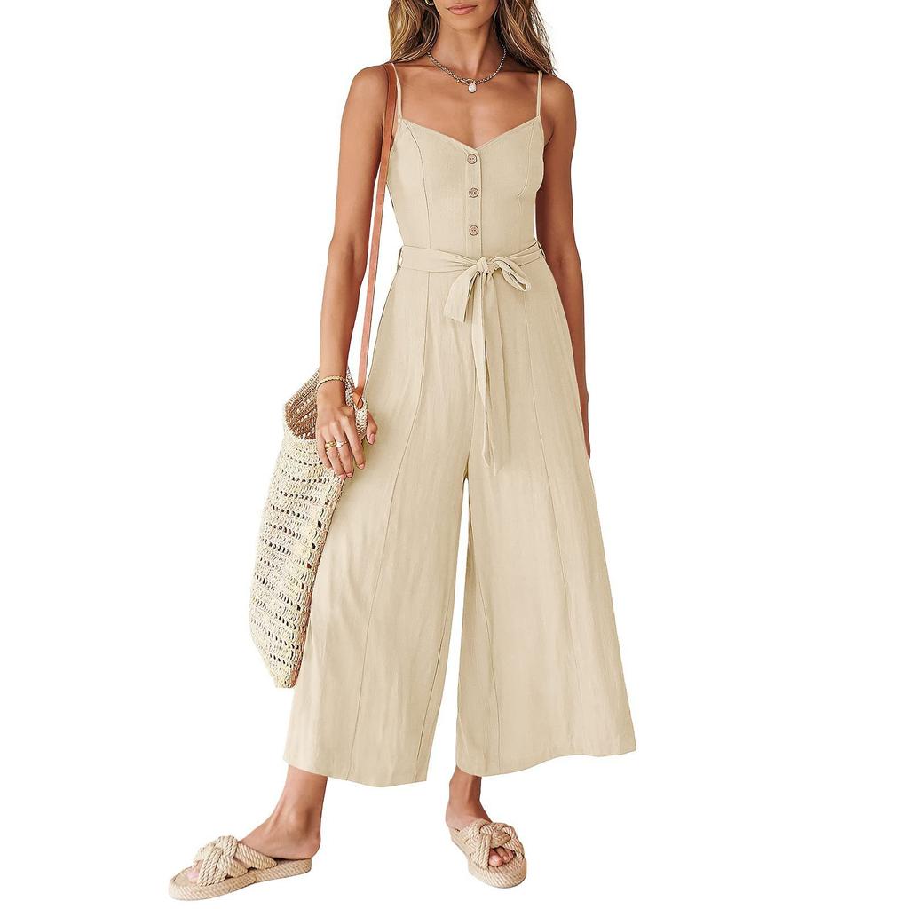 Women's Casual Sleeveless Button Jumpsuit Loose Wide Leg Jumpsuits Rompers With Belt
