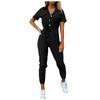 Womens Fashion Solid Color Insert Pocket Casual Lapel Printed Belt Work Jumpsuit