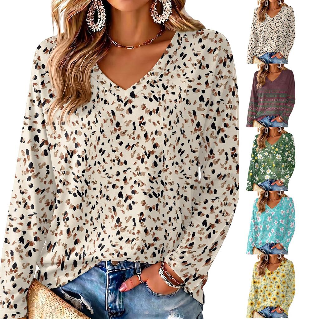 Women's V-Neck Long Sleeve Print Blouse Lightweight for Spring Summer