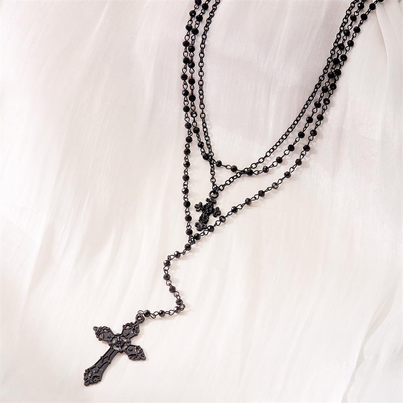 Collarbone Chain Triple Black Hip Hop Necklace Cross Pendant Dark Gothic Necklace