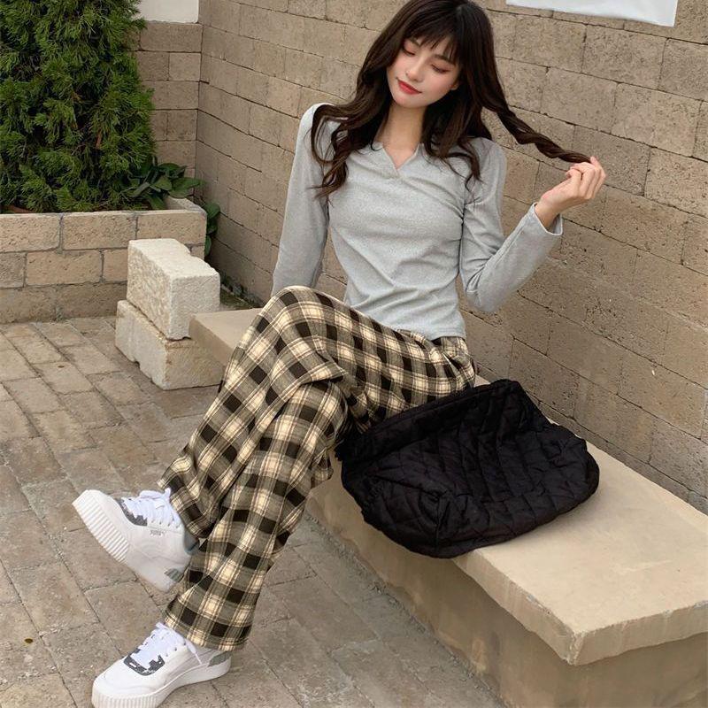 Spodnie zimowe w kratę z podszewką z polaru w panterkę, z wysokim stanem i szerokimi nogawkami