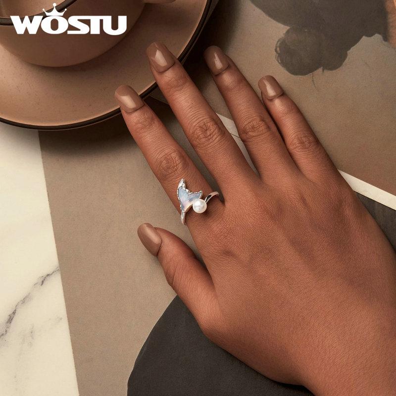 WOSTU 925 Sterling Silver Rainbow Crystal Mermaid Fishtail Pearl Ring For Women Opening Statement Rings Fine Jewelry Party Gift