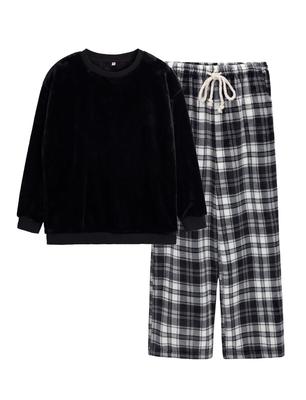 MiniZaru Loungewear Checkered Long Plus Sizes and Bottom Black Pajamas, Fluffy, Unisex, Fall/Winter Set, Pattern, Sleeves, Warm, Cute, Double-Sided