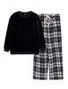 MiniZaru Loungewear Kariert Lang Große Größen und Unterteil Schwarzer Pyjama, Flauschig, Unisex, Herbst/Winter Set, Muster, Ärmel, Warm, Niedlich, Beidseitig