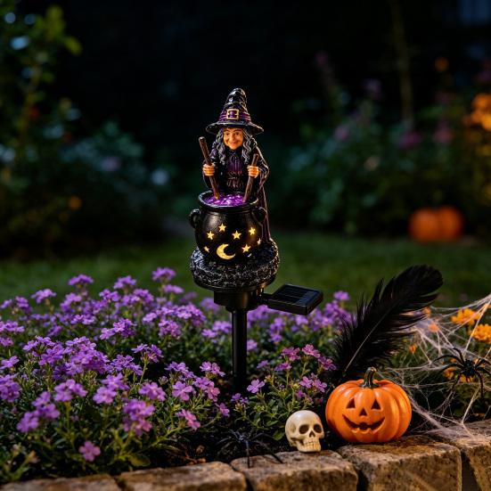 Dark Atmosphere Night Light Solar Witch Statue with Glowing Cauldron, Outdoor Halloween Garden Light, Party Decorations Resin Decorative Figurine