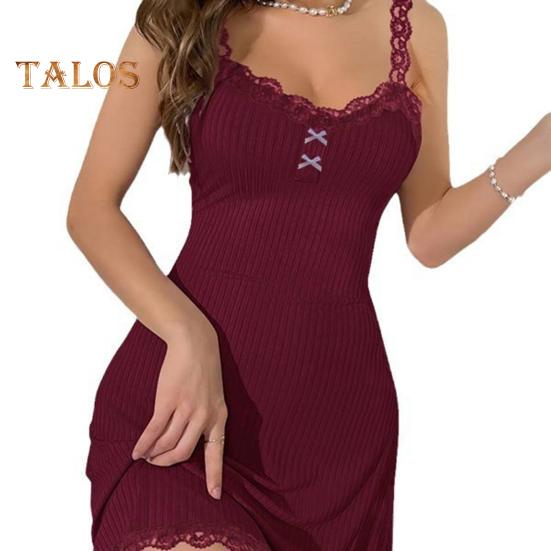 

Женская ночная рубашка на бретельках, сексуальная кружевная отделка, ребристый трикотаж, ночная рубашка, летнее мини-платье без рукавов на тонких бретельках с V-образным вырезом XL вино красного
