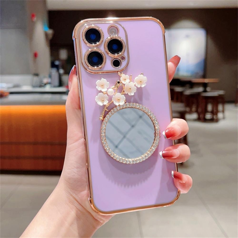 

For iPhone 16 Pro Max Case with Plum Blossom Mirror Electroplating Edge Heart Pattern TPU Phone Cover Purple