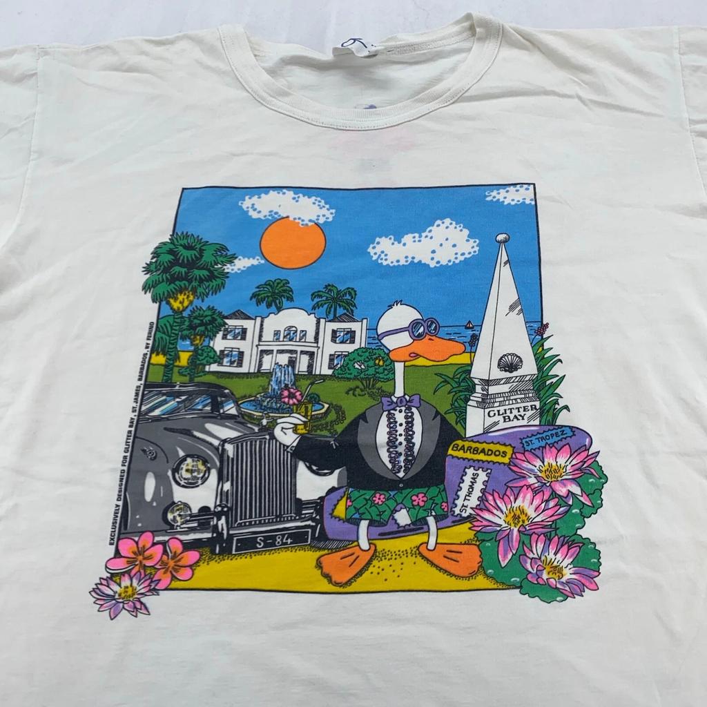Vintage 90s GLITTERY BAY BARBADOS ST JAMES DUCK CARTOON T-Shirt LARGE