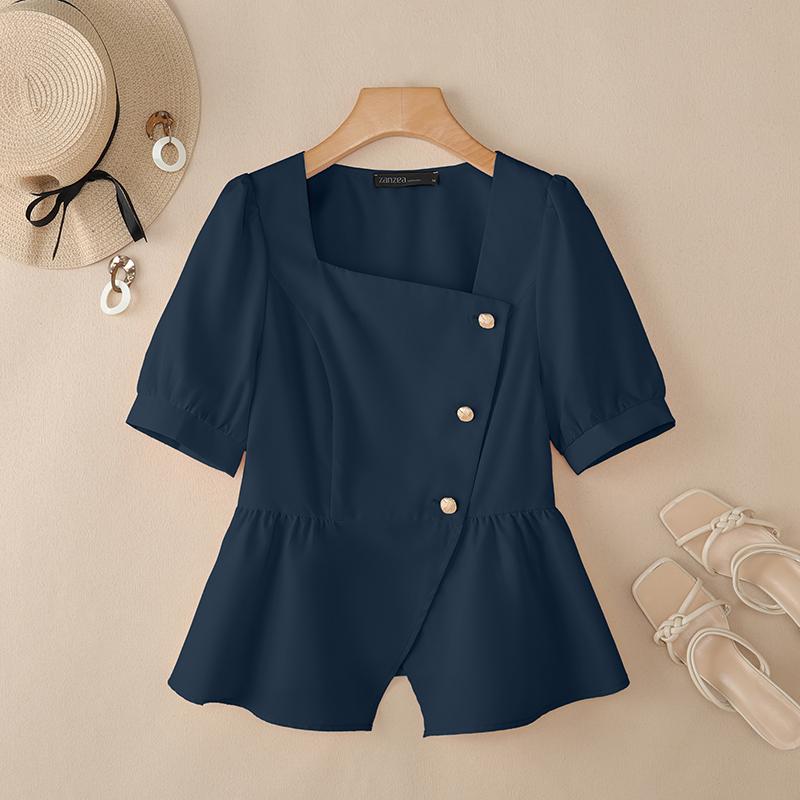 

ZANZEA Женская летняя блузка с квадратным вырезом и короткими рукавами, приталенная тёмно-синий