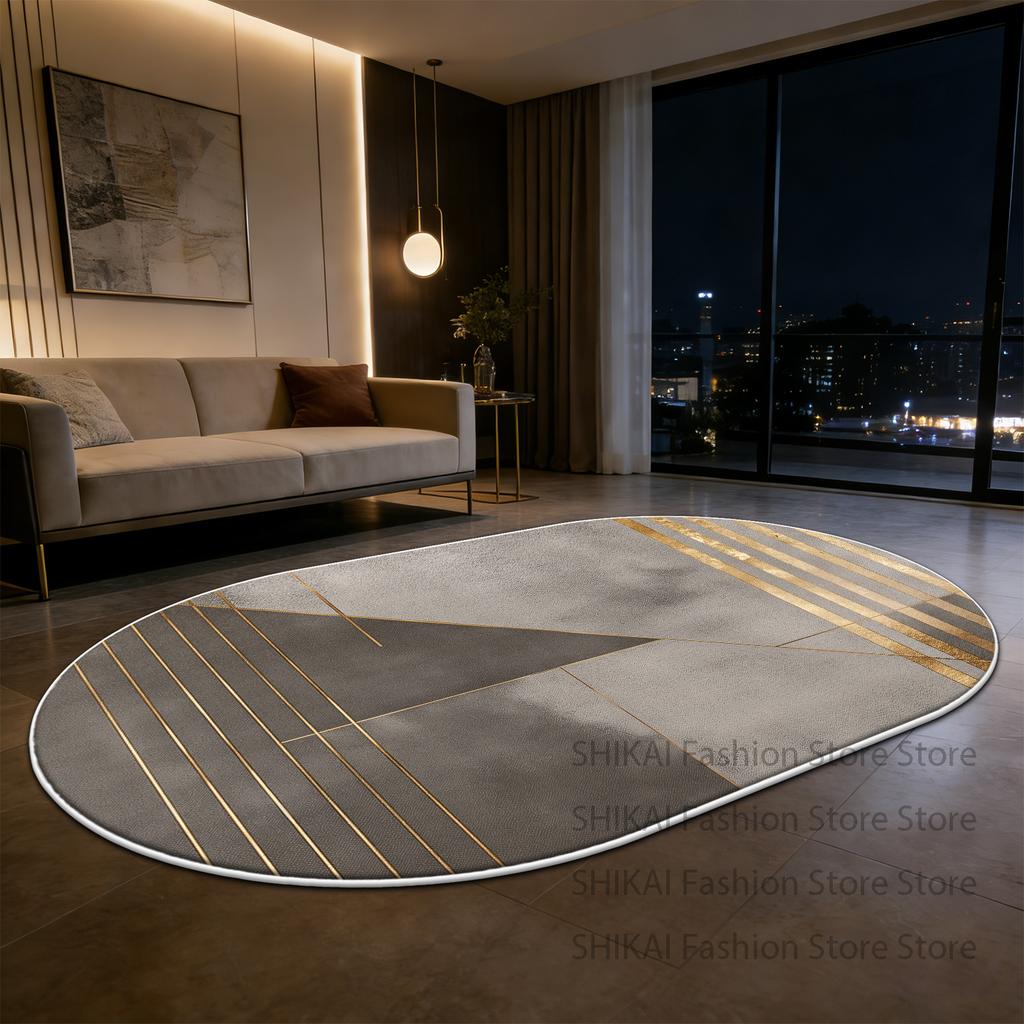 Grey Modern Geometric Style Oval Fluffy Carpet Decoration Living Room Easy Clean Soft Rug Large Area Non-slip Coffee Tables Mats