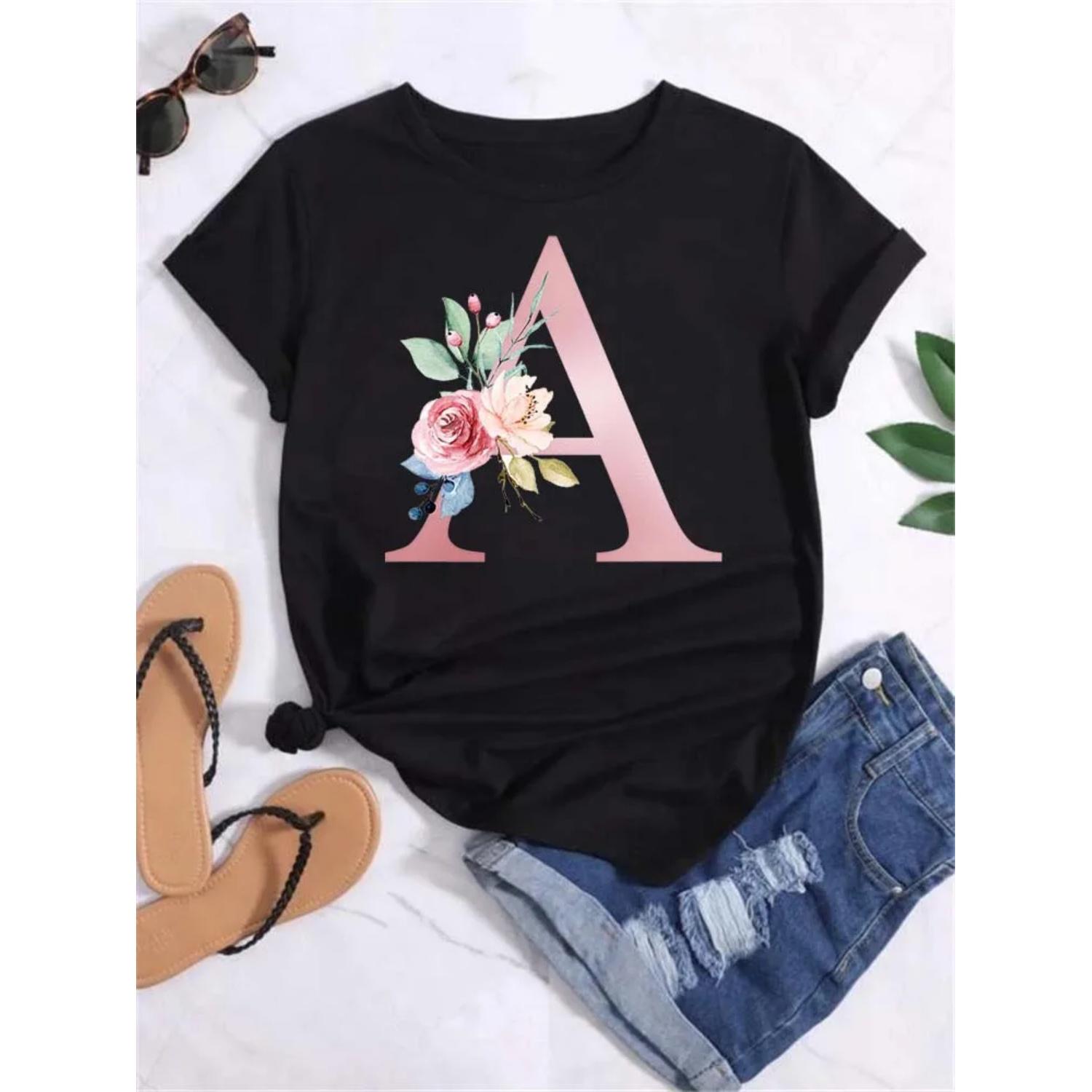 

Maycaur Custom Name Letter Combination Fashion Women T-shirt Pink Flower Letter Font A-Z Short Sleeve Tops Black T-shirt Female S чёрный