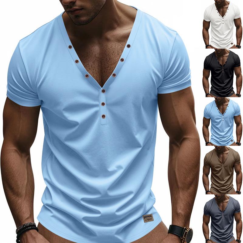 New American Style Men's Summer Short Sleeve T-Shirt, Slim Fit Trendy Deep V-Neck Button Henley Shirt