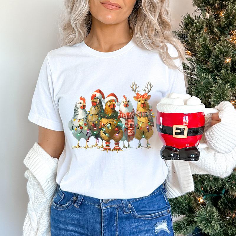 Festive Fashion Tshirt Women Merry Christmas Chicken Cartoon Tshirts Country Life Lovers Christmas Party Gift Essential Tops