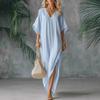 Women Cotton Linen Long Dress Batwing Short Sleeve V Neck Tunic Dress Summer High Slit Flowy Beach Sundress