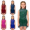 Lyrical Dance Dress for Kids Girls: Sleeveless Ruched Design with Cutout Back, Sheer Mesh Patchwork & High-Low Hem Rhinestone