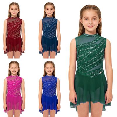 Girls Mesh Patchwork Sleeveless Cutout Back Ruched High Low Hem Shiny Rhinestone Dress Dance Performance Gown