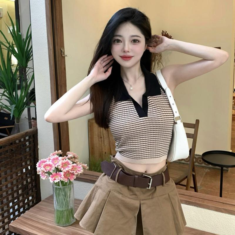 Women Tank Tops Strapless Knitted Crop Top Sleeveless Backless Vintage Top