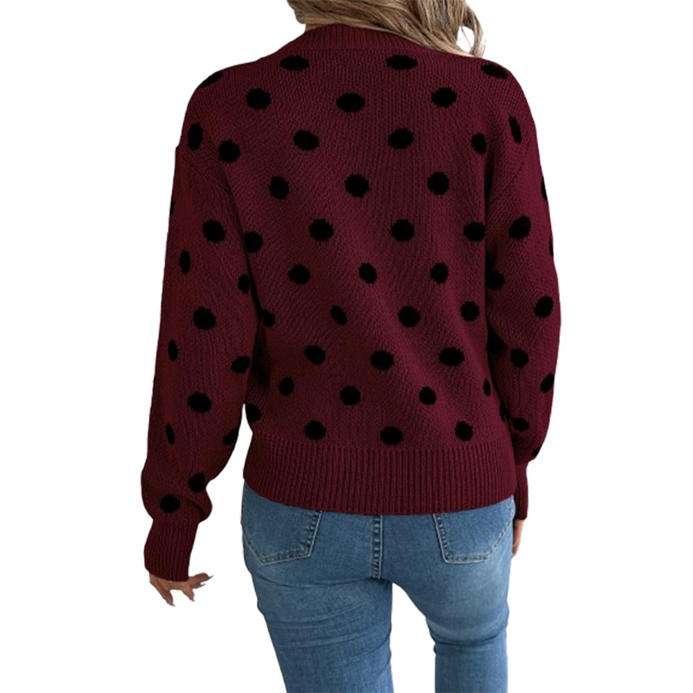 Women's Knitted Sweater Crew Neck Long Sleeve Polka Dot Print Pullover Jumpers Soft Knitwear Tops