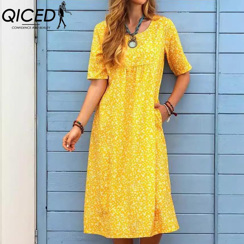 QICED Damemote Sommer Våren Ensfarget Print Kortermet O-hals Høy midje Uformelle kjoler