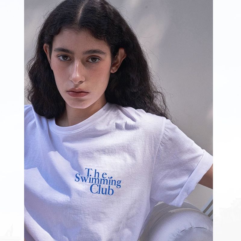 The Swimming Club White Short-Sleeved T-shirt for Women 2025 Summer New Arrival American Retro Casual Niche Style Tide
