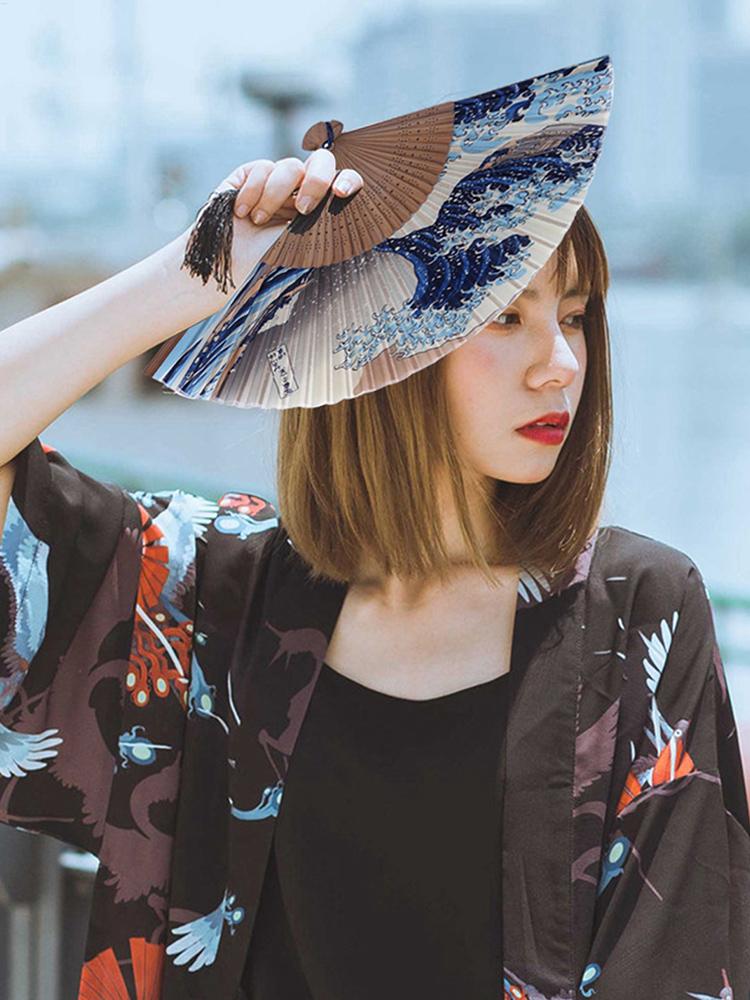 Silk Hand Fan Vintage Silk Folding Hand Fan Kanagawa Waves Japanese Folding Fan Women Bamboo Fans Japanese Art Craft Gift