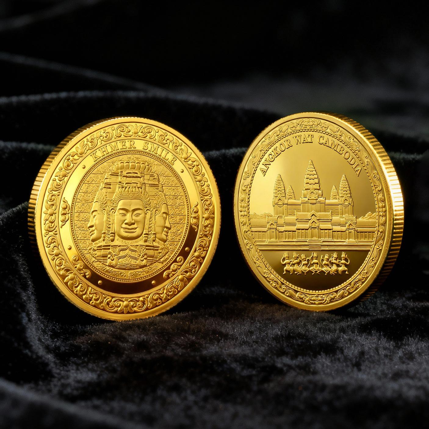 Cambodia Angkor Wat commemorative coin, Khmer smile, cultural and creative tourism coin, gift 45mm золотой
