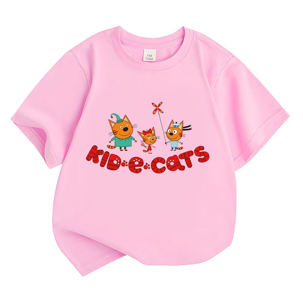 Kid-E-Cats Cartoon 100%Cotton T-shirts Funny Cat Family Tee-shirt Russian Three Cats Tops Children Short Sleeve Breathable Tees  Summer Tops