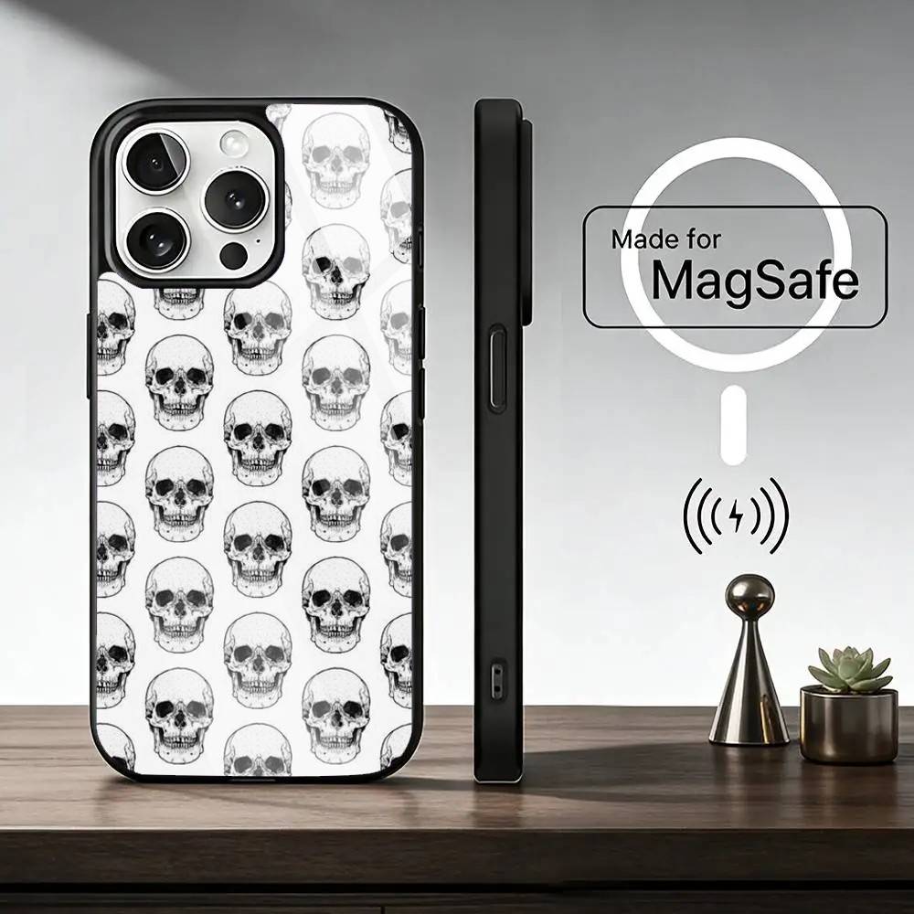 Skull Phone Case For iPhone17,16,15,14,13,12,11 Plus,Pro Magnetic with Magsafe Wireless Charging