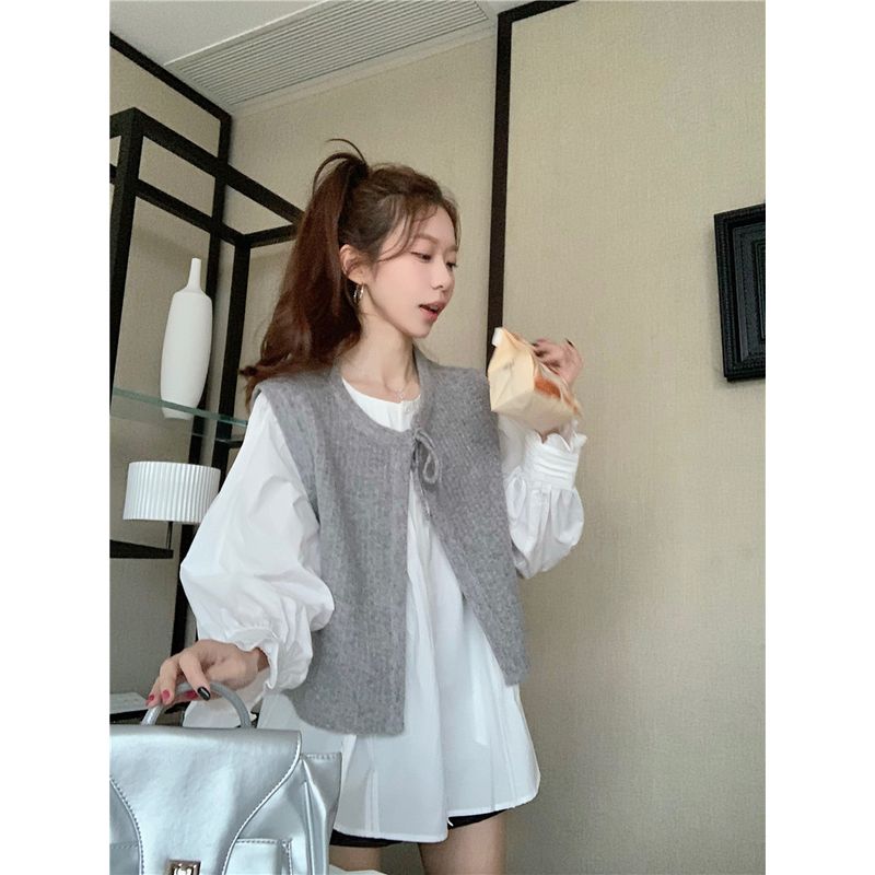 

Kumikumi Fashion White Suit Loose Long Sleeves Blouse Women Fall Bandage Dress Shoelace Vest Jacket Two-piece Set Grey vest L