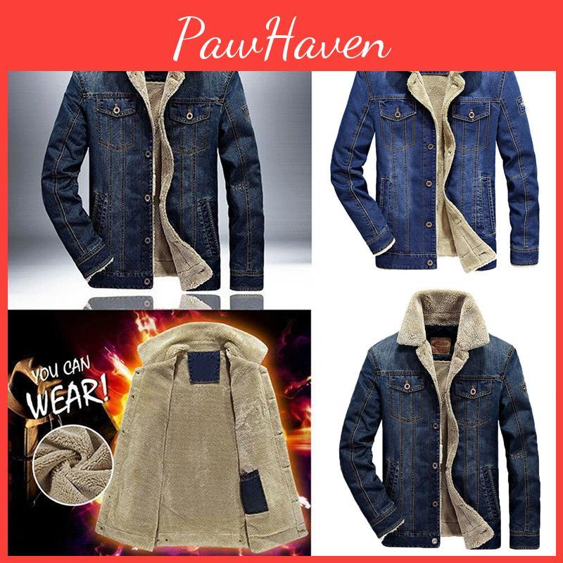Men's Jean Jacket With Fur Collar Lined Winter Warm Casual Denim Coat M-6xl