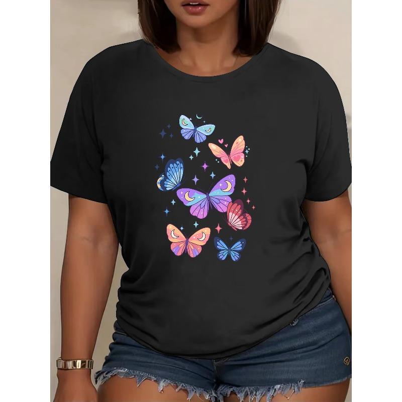 

European Size Colorful Butterfly Women s Printed Short-Sleeved Shirt, Machine Washable. Women s Clothing, Short-sleeved Top, Round-neck Top 4XL чорний