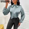 Autumn Women's Solid Color Shirt Bow Long Sleeved Shirt Top