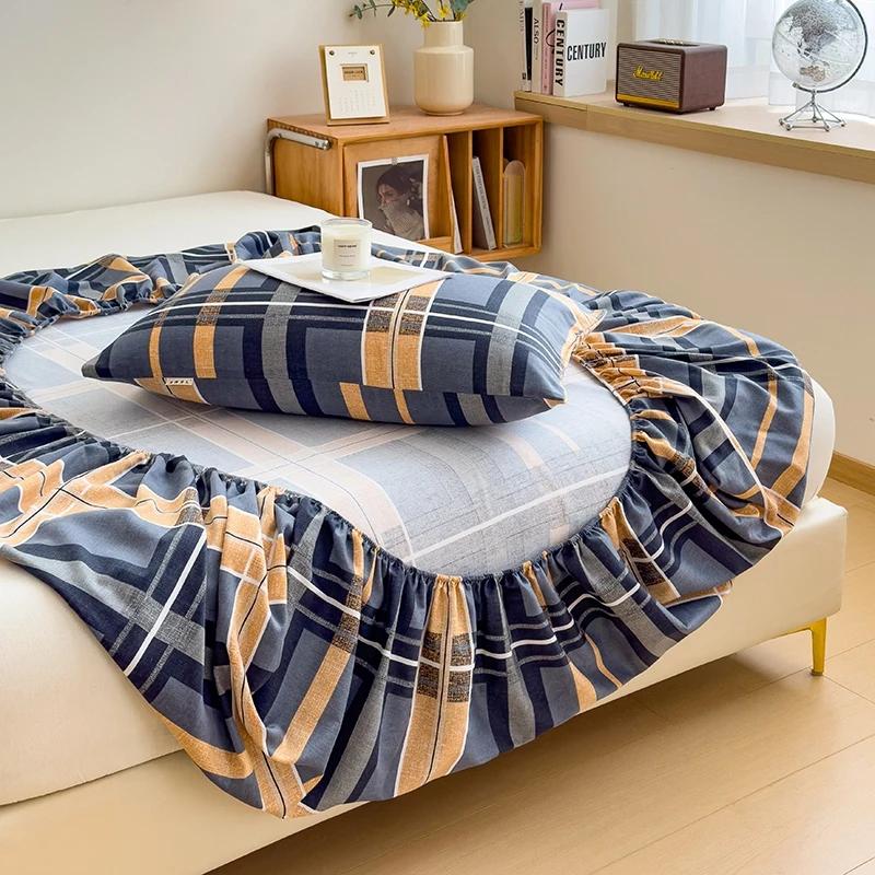 Blue Check 100% Cotton Fitted Sheet, Set Soft Thick Bed Cover with 2 Pillowcases, Hotel Luxurious Geometric Line Theme Bedding