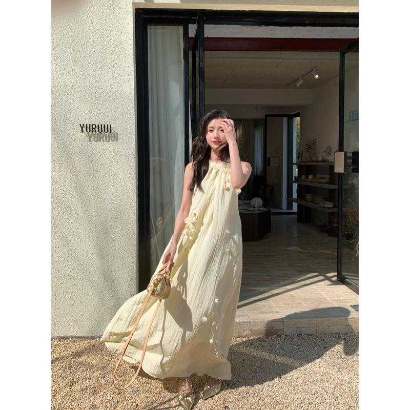 Three-Dimensional Halterneck Summer Elegant Loose A- Line Skirt Flowers