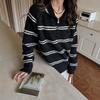 Lapel Color Matching Striped Pullover Sweater Women's Autumn and Winter New Loose and Versatile Knitted Sweater Top