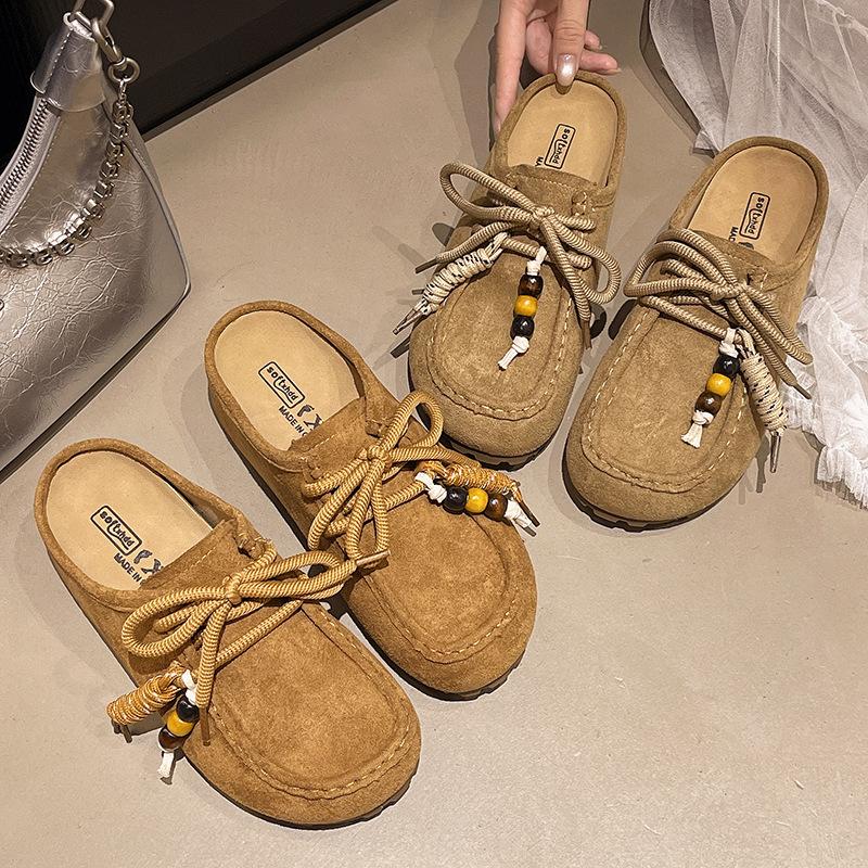 Retro Beaded Bag Head Boken Half Slippers Women's 2025 New One-pedal Thick-soled Literary Mori Versatile Muller Shoes