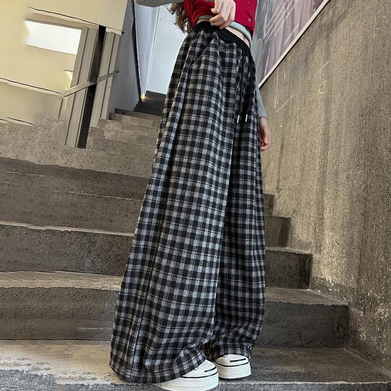 Girls' Plaid Wide-Leg Pants 2025: New Children's Loose Spring & Autumn Casual Straight-Leg Trousers for Big Kids