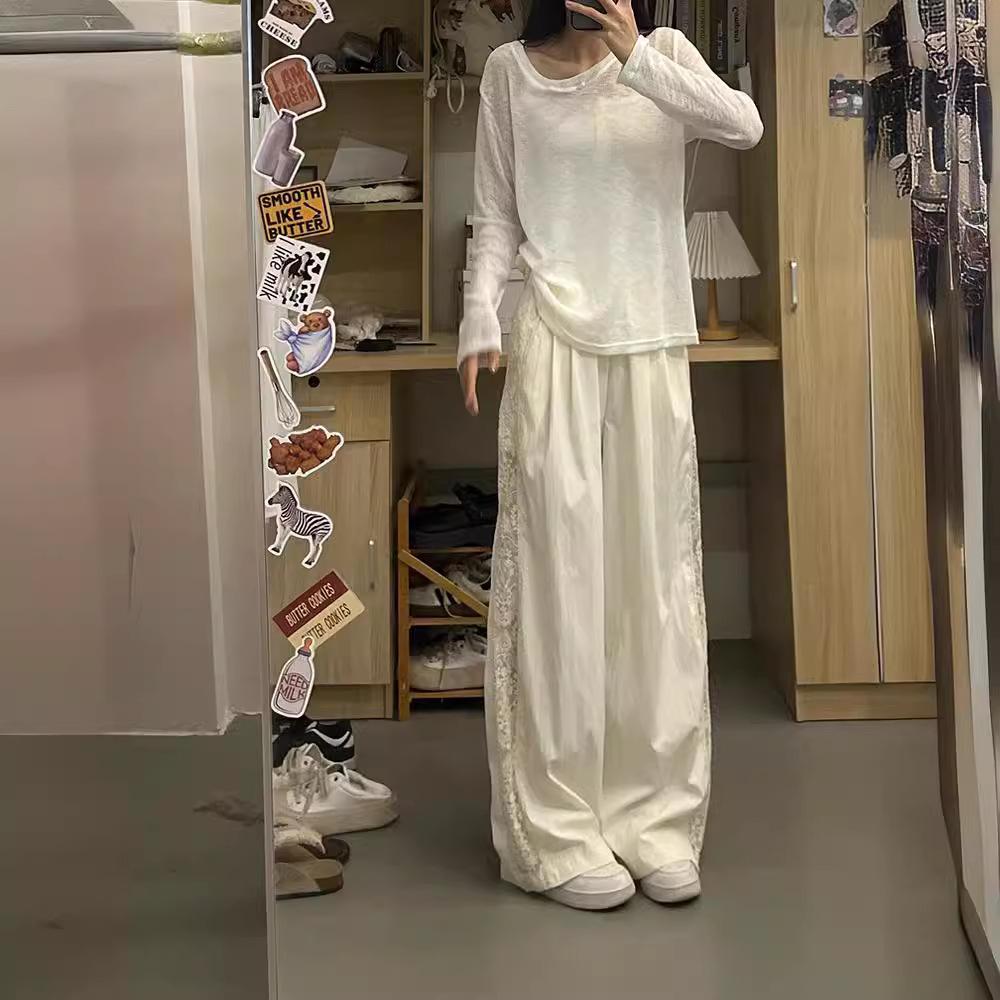Lace Patchwork Sweet Pants Women Casual Korean High Waist Fashion Straight Trousers Loose Chic Female Summer Design Pants